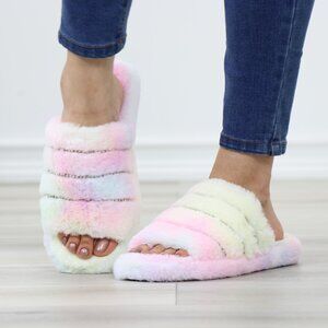 Tie Dye Puff Fuzzy Fluffy Slip On Plush Slippers Diamond Accents